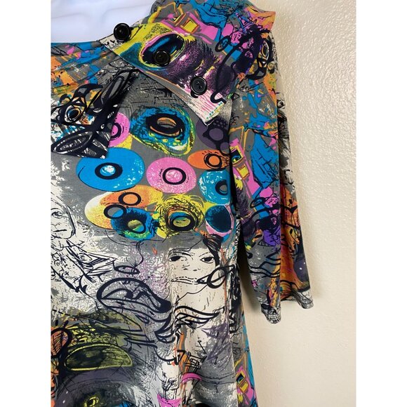 Joseph Ribkoff Abstract Graffiti Art Tunic Top size 12 Asymmetrical Button Boho - Picture 8 of 16